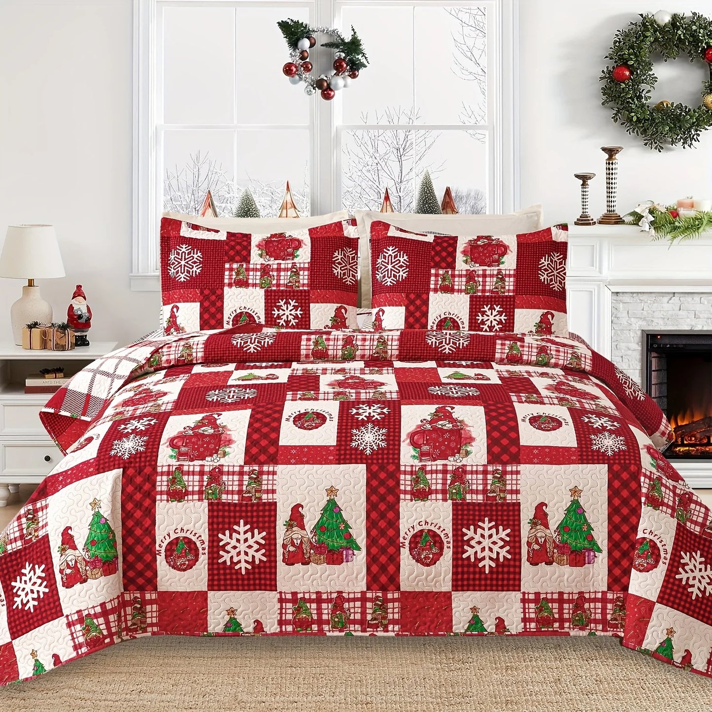 Christmas Quilt Cover Set Twin/Queen/King Size - Soft 100% Microfiber Lightweight Bedspread Coverlet with Festive Reindeer