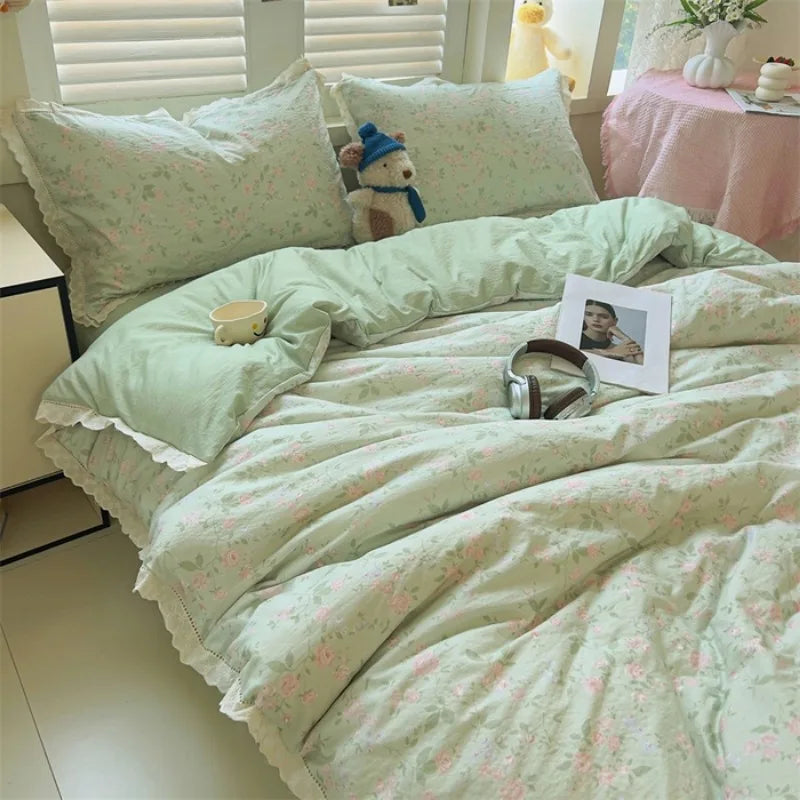 New printed Class A wrinkled yarn double-layer yarn cotton lace four-piece set dormitory bed sheet kit