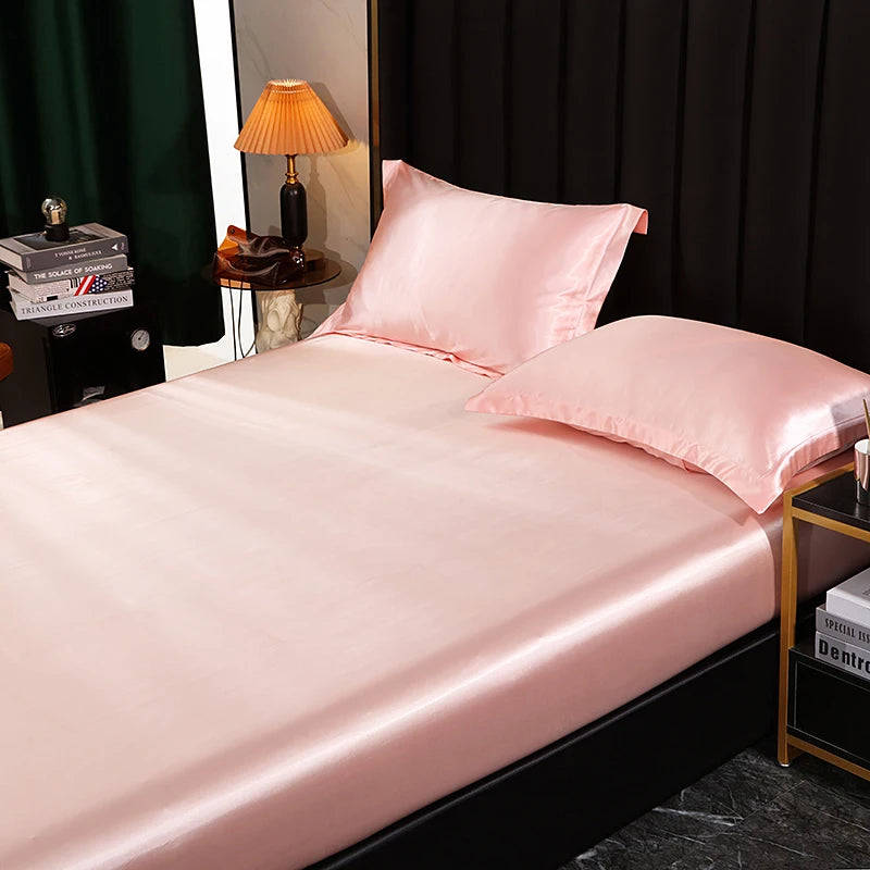 Mulberry Silk Bed Sheet Set with Fitted Sheet Flat Sheets Pillowcase Luxury Solid Color Bedding Sets Wrinkle-Free Antiallergic