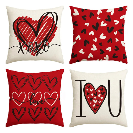 2 Pcs I Love You XOXO Valentine's Day Heart Pillow Cover | Romantic Wedding Cushion Case, Double-Sided Flat Printing Sofa Decor