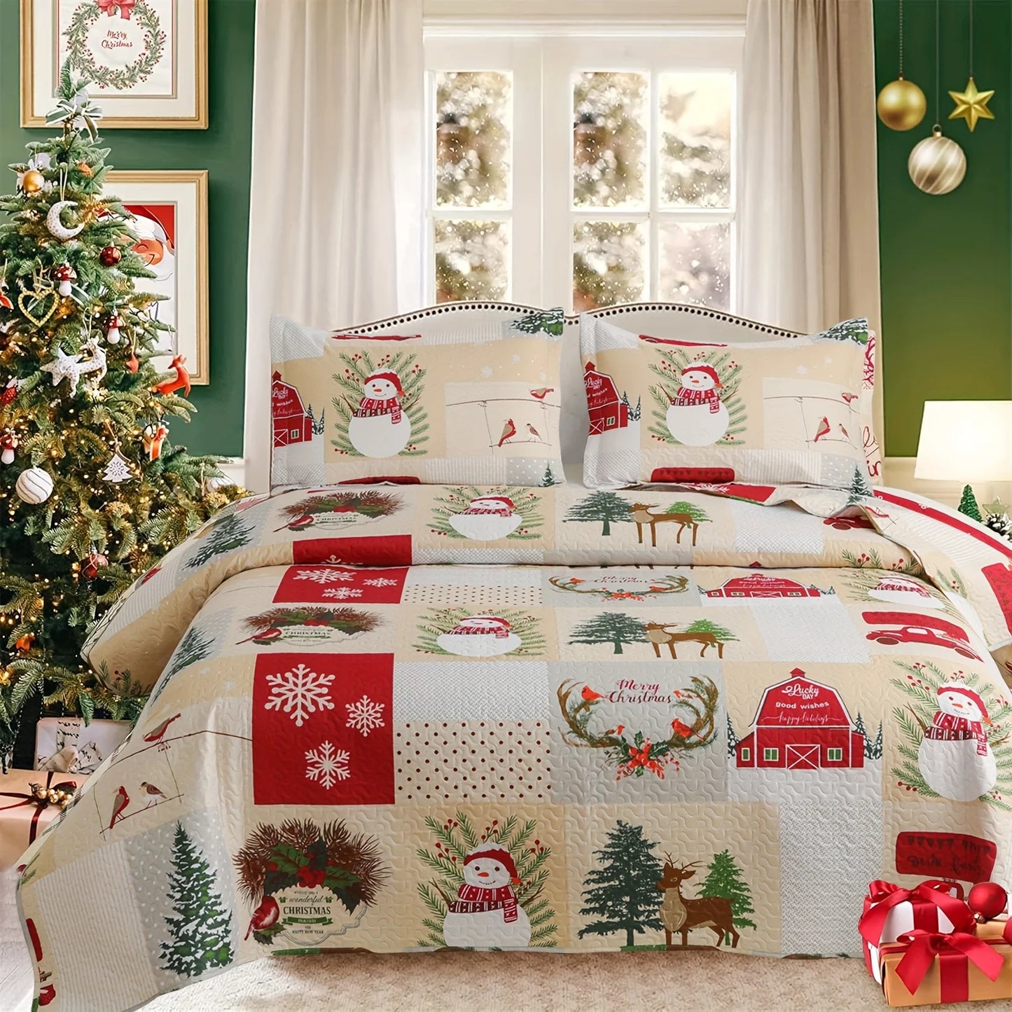 Christmas Quilt Cover Set Twin/Queen/King Size - Soft 100% Microfiber Lightweight Bedspread Coverlet with Festive Reindeer