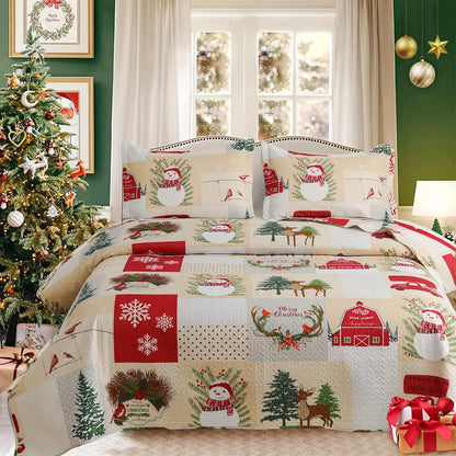 Christmas Quilt Cover Set Twin/Queen/King Size - Soft 100% Microfiber Lightweight Bedspread Coverlet with Festive Reindeer