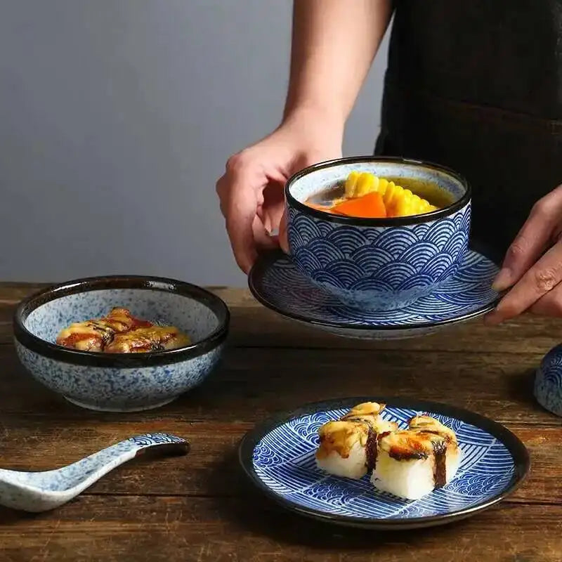 Wave Pattern Tableware Stew Bowl Ceramic Dessert Bowl With Cover Cup Spoon