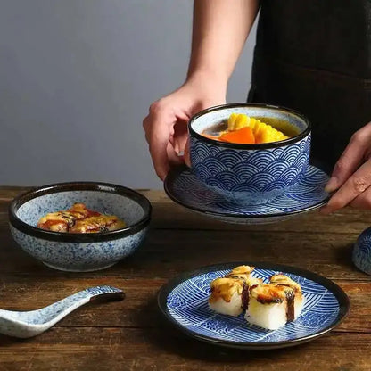 Wave Pattern Tableware Stew Bowl Ceramic Dessert Bowl With Cover Cup Spoon