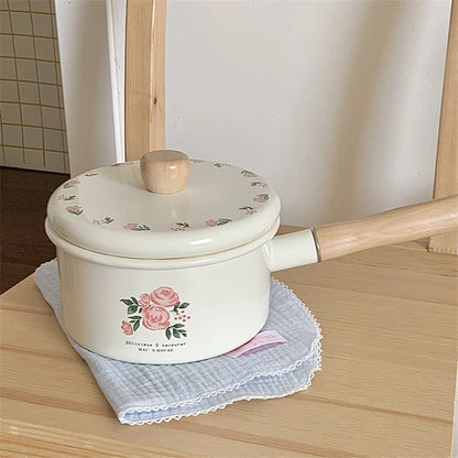 Enamel Milk Pan With Lid Vintage Pink Rose Kitchen Pots Offers Baby Food Pot Small Noodle Soup Pot Enamel Cookware Utensils