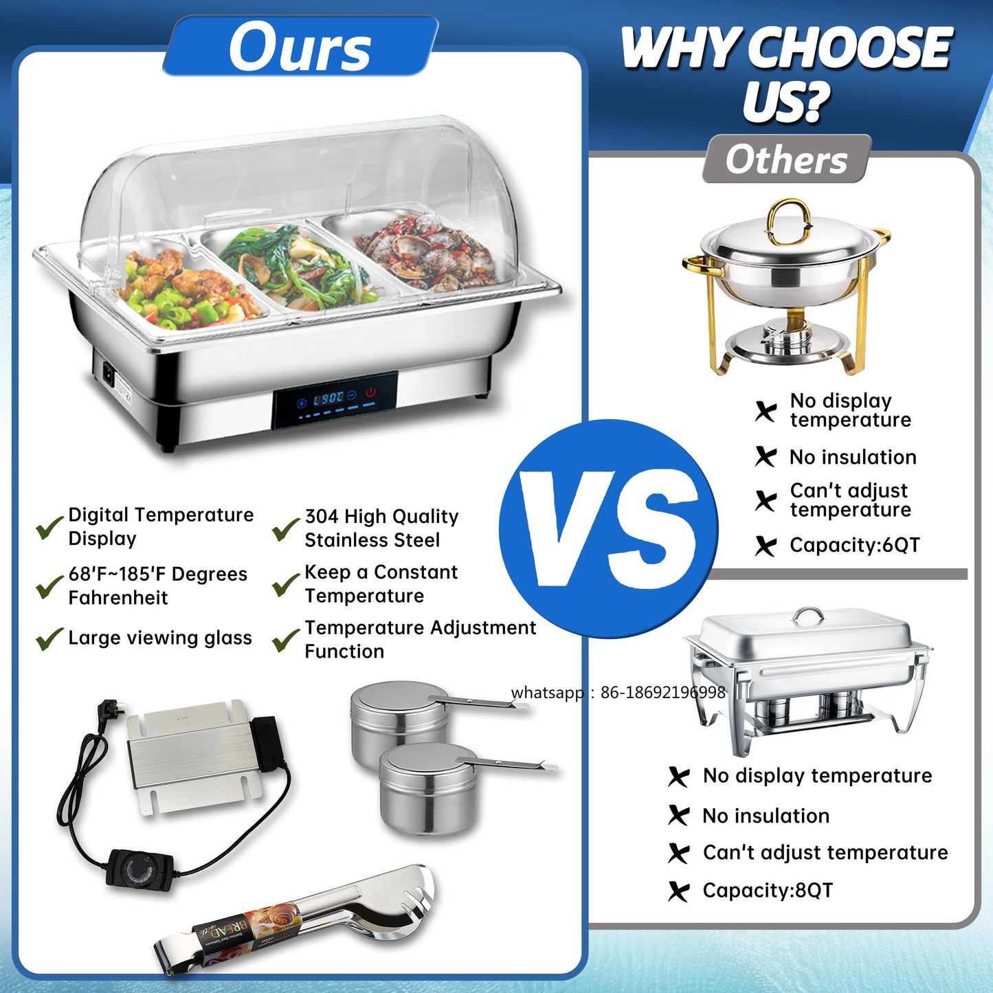 YITIAN 201 Stainless Steel PC Cover Buffet Set High Grade Food Warmer 9 Qt Electric Chafing Dish