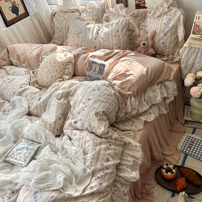 3/4Pcs Korean Princess Style Floral Ruffles Bedding Set Skin-friendly Soft Duvet Cover Set Bed Sheet Or Bed Skirt Pillowcases