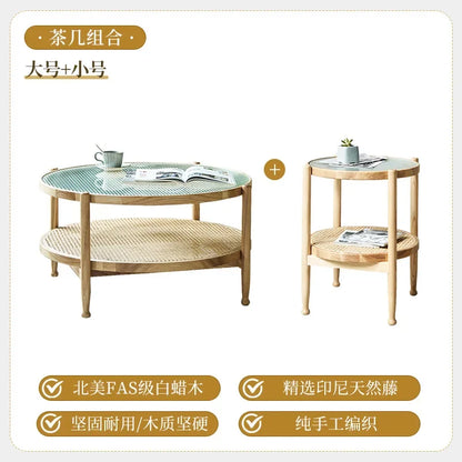 J Modern Simple Small Apartment Size Round Table Combination Household Solid Wood Rattan Coffee Table Living Room Double Round