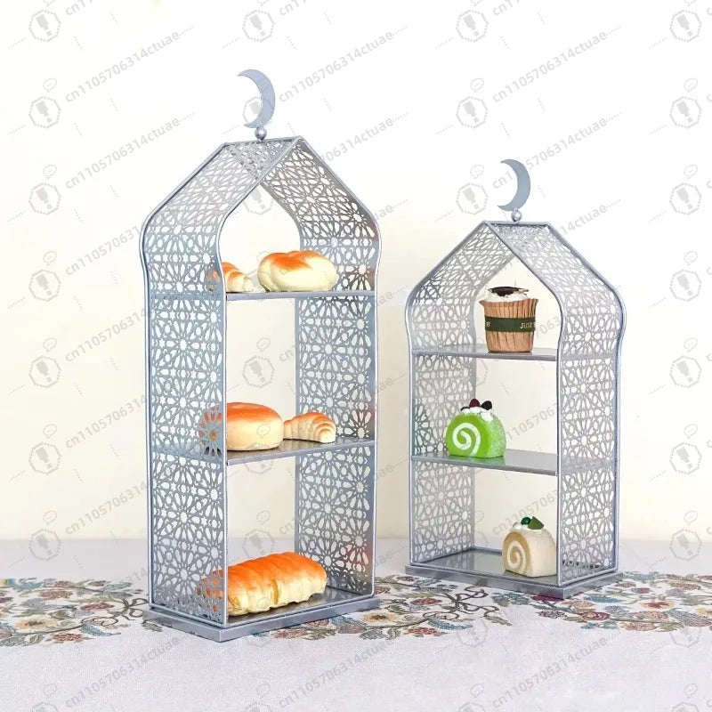 Ramadan Tabletop Decor Minaret Fruit Food Stand - Mosque-Shaped Metal Cake Dessert Holder for Islamic Festival & Home Party