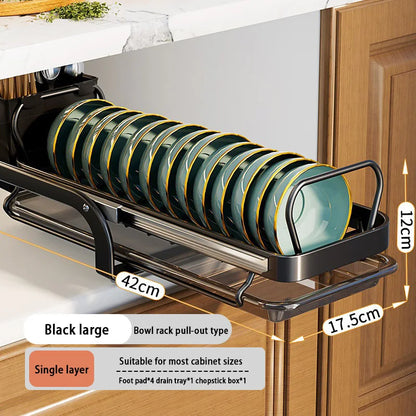 Kitchen Pull-out Dish Bowl Drainer Storage Rack Countertop Sink Cabinet Tableware Built-in Organizer Holder Cupboard Plates Rack