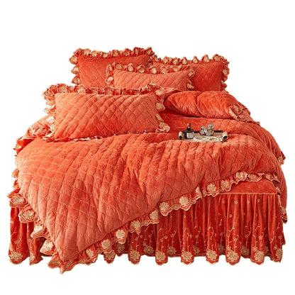 AI WINSURE-Luxury Embroidery Velvet Bedding Set, Quilted Skirted Bedspread with 2 Pillowcases, Queen Double Bed Duvet Cover, 4PC