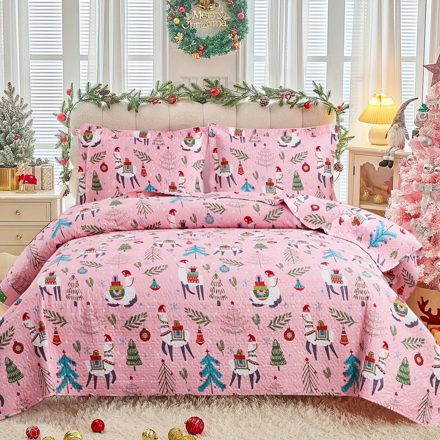 Christmas Quilt Cover Set Twin/Queen/King Size - Soft 100% Microfiber Lightweight Bedspread Coverlet with Festive Reindeer
