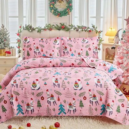 Christmas Quilt Cover Set Twin/Queen/King Size - Soft 100% Microfiber Lightweight Bedspread Coverlet with Festive Reindeer
