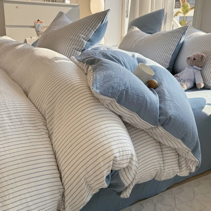 Ins Stripes 100% Washed Cotton Bedding Set with Pillowcase Bed Sheet Quilt Cover Single Double King Queen Size Duvet Cover Set