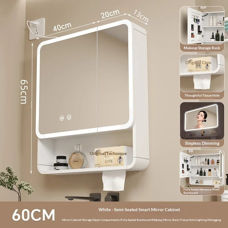 Bathroom Mirror Smart Storage Cabinet LED Light Wall Mounted Rounded Corner Anti Fog Furniture Vanity Mirror Medicine Cabinet