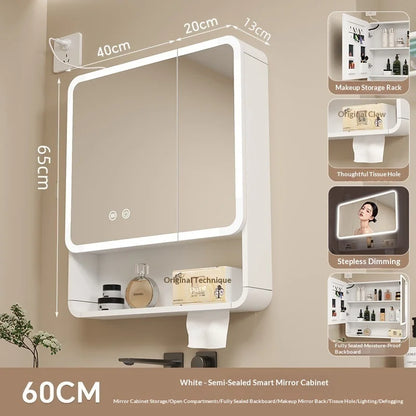 Bathroom Mirror Smart Storage Cabinet LED Light Wall Mounted Rounded Corner Anti Fog Furniture Vanity Mirror Medicine Cabinet