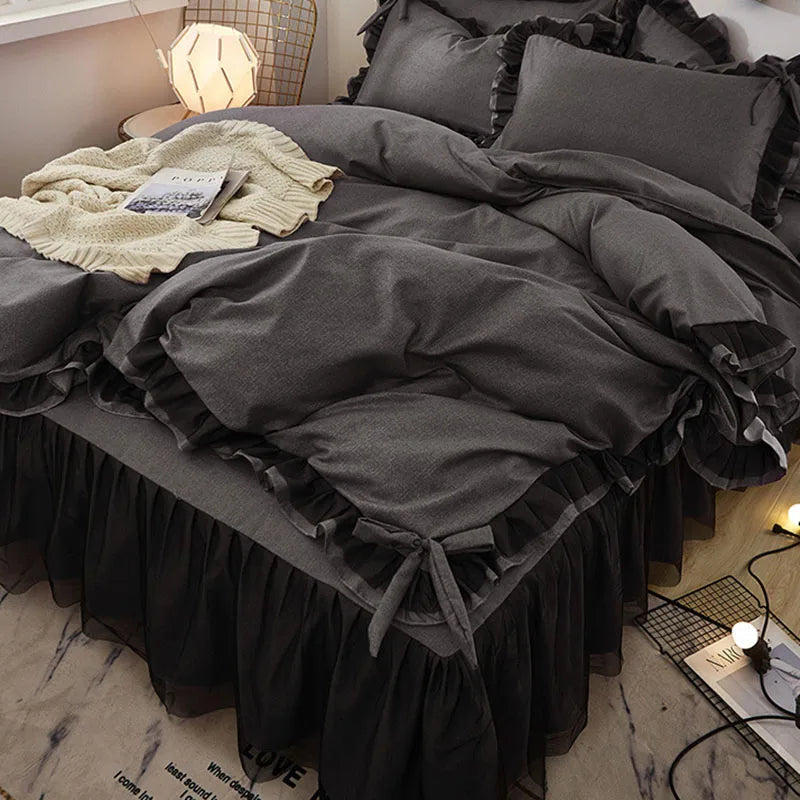 Korean Bed Skirt Bedding Sets with Ruffled Edges Thickened Princess Brushed Quilt Kit Solid Skin-Friendly Breathable Bedclothes