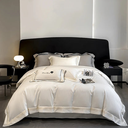 Egyptian Cotton Hollow Edge Luxury Bedding Set, White, Grey, Pink, Blue,1 Duvet Cover,2 Pillowcases,1 Flat Sheet Or Fitted Sheet