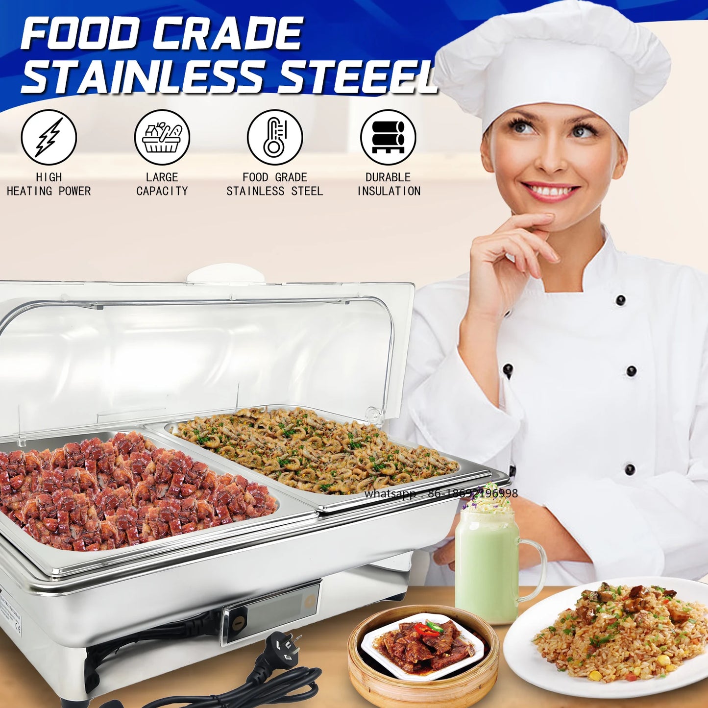YITIAN 201 Stainless Steel PC Cover Buffet Set High Grade Food Warmer 9 Qt Electric Chafing Dish
