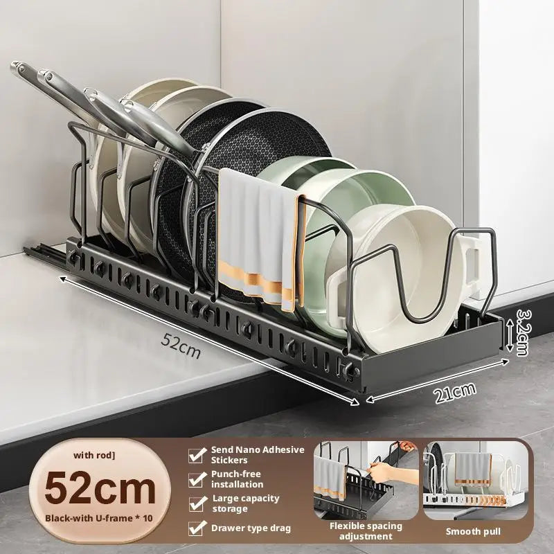 Pots and Pans Organizer Under Cabinet Sliding Pot Lid Storage Holder Kitchen Adjustable Slide Out Dish Pan Storage Rack Shelf
