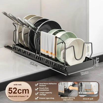 Pots and Pans Organizer Under Cabinet Sliding Pot Lid Storage Holder Kitchen Adjustable Slide Out Dish Pan Storage Rack Shelf
