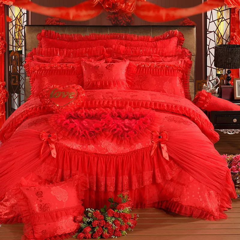 Red Jacquard Satin Cotton Bedding Set Luxury Heart-shaped Lace Princess Wedding Duvet Cover Bed Sheet Bedspread Pillowcases