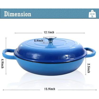 Enameled Cast Iron Dutch Oven 3.8 Quart Pot with Lid - Blue Heavy Duty Dual Handled Skillet - Ideal Family or Friend Gift