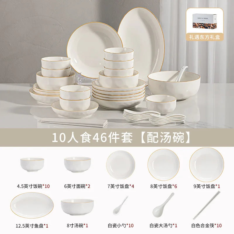 korean style white plates dinner sets ceramic gold rim 8 person dinner sets full set Casserole vajillas completa Bowl set