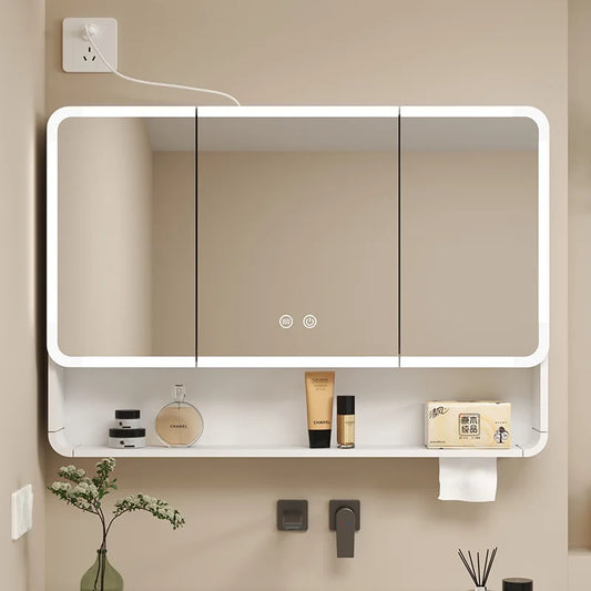 Bathroom Mirror Smart Storage Cabinet LED Light Wall Mounted Rounded Corner Anti Fog Furniture Vanity Mirror Medicine Cabinet