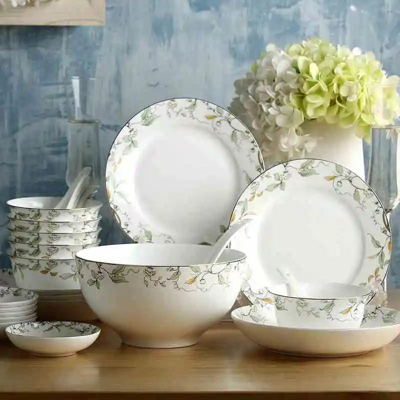 26-piece set, fine bone china porcelain dinnerware set, leaf paining, bowl and plate set, kitchen dinner serving, tableware gift