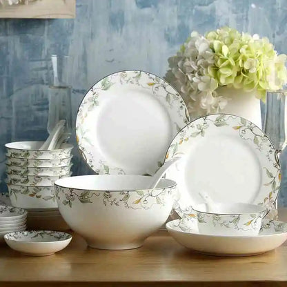 26-piece set, fine bone china porcelain dinnerware set, leaf paining, bowl and plate set, kitchen dinner serving, tableware gift