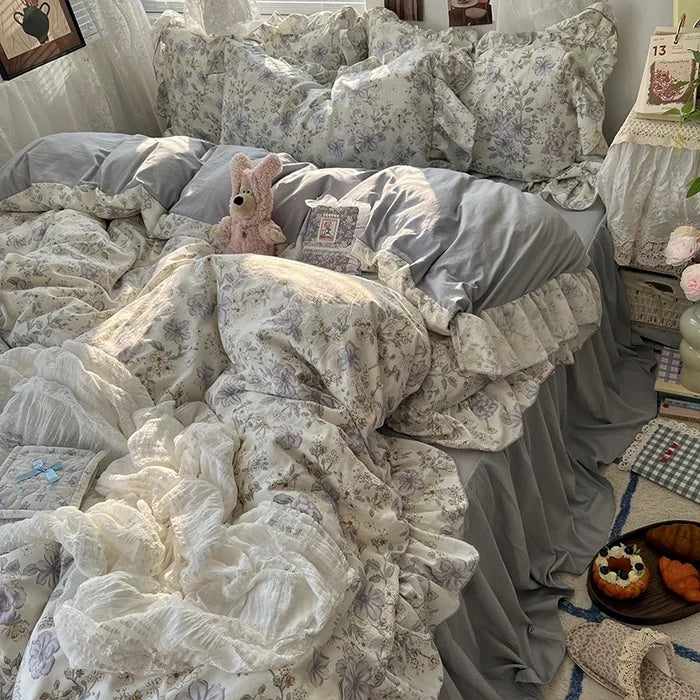2025 new Korean Princess Style Floral Ruffles Bedding Set Skin-friendly Soft Duvet Cover Set Bed Sheet Or Bed Skirt Pillowcases