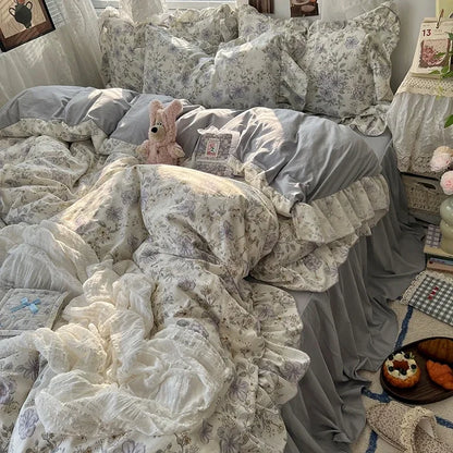 2025 new Korean Princess Style Floral Ruffles Bedding Set Skin-friendly Soft Duvet Cover Set Bed Sheet Or Bed Skirt Pillowcases