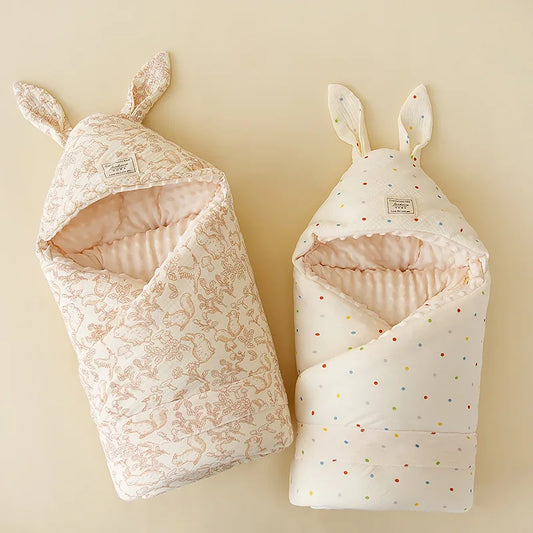Newborn Cotton Padded Carry Blanket-Class A Crinkle Bean Bag Rabbit Ear Design Autumn Winter Maternity Ward Soft Infant Swaddle