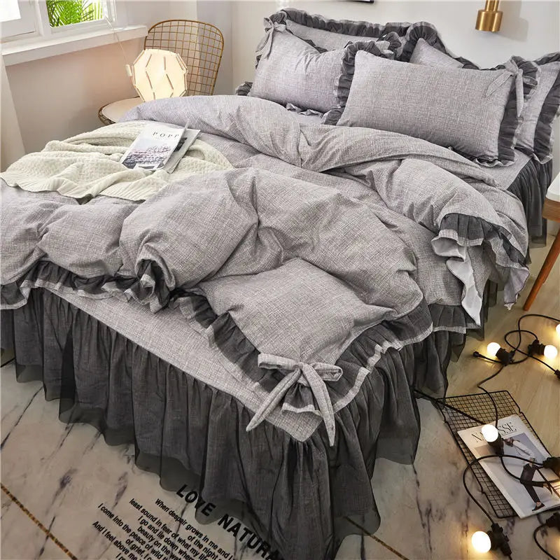 Korean Bed Skirt Bedding Sets with Ruffled Edges Thickened Princess Brushed Quilt Kit Solid Skin-Friendly Breathable Bedclothes