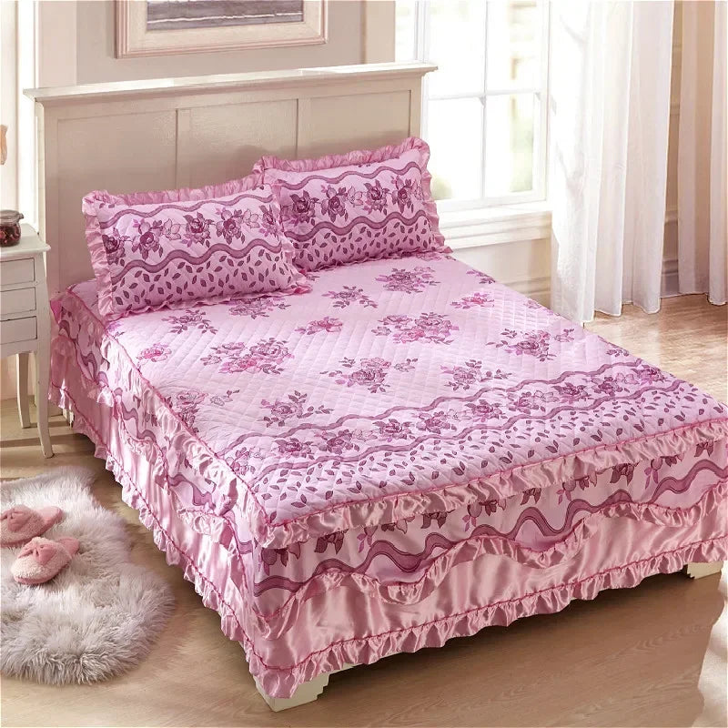 100% Cotton Thicken Quilted Bedspread King Queen Size Princess Lace Bed Skirt Pure Cotton Bed Cover Not Including Pillowcase