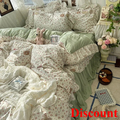 2025 new Korean Princess Style Floral Ruffles Bedding Set Skin-friendly Soft Duvet Cover Set Bed Sheet Or Bed Skirt Pillowcases