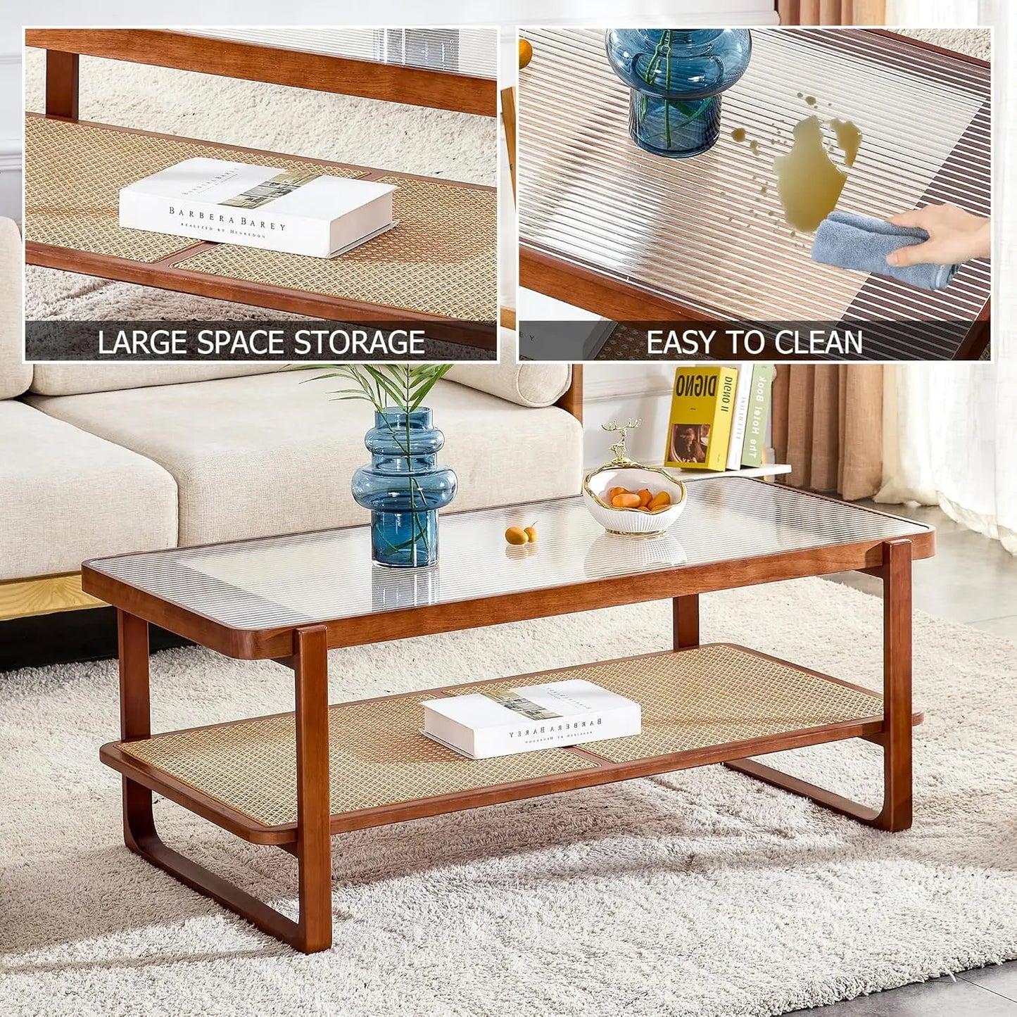 Solid Wooden Coffee , Modern Small Rattan Coffee Table with 2-Tier Storage Shelf, Rectangle Tea with Tempered Glass T