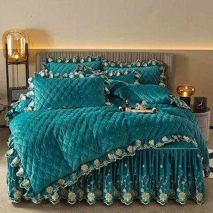 AI WINSURE-Luxury Embroidery Velvet Bedding Set, Quilted Skirted Bedspread with 2 Pillowcases, Queen Double Bed Duvet Cover, 4PC