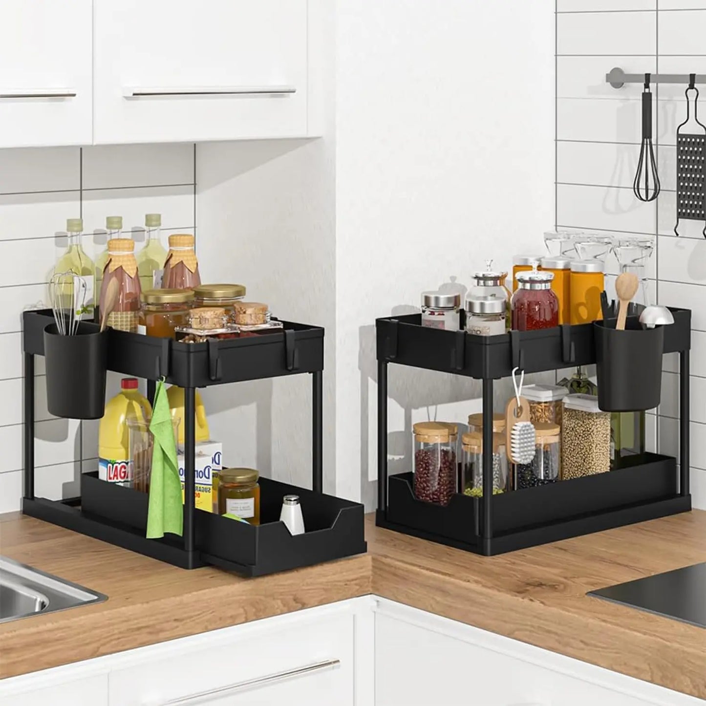 Under Sink Organizers 2 Tier Under Bathroom Cabinet Holder with Hooks & Hanging Cup, Multi-Purpose Storage Shelf for  Kitchen
