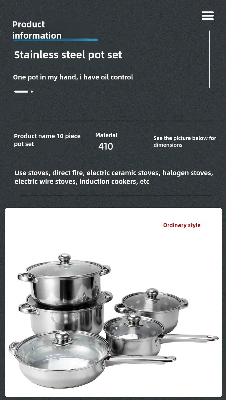 Ten-Piece Stainless Steel Cookware Set Non-Stick Portable Soup Pots Milk Pans Frying Pans For Cooking And Travel