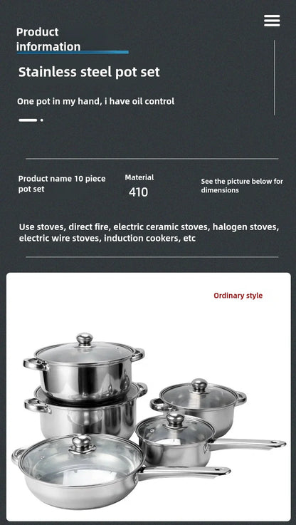 Ten-Piece Stainless Steel Cookware Set Non-Stick Portable Soup Pots Milk Pans Frying Pans For Cooking And Travel