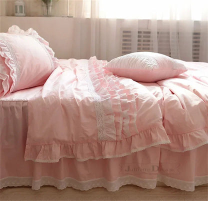 Pink Lace Bedding Set for Queen Luxury Embroidery Wedding Beddings Princess Ruffle Duvet Cover Handmade Bed Sheet Skirt Type