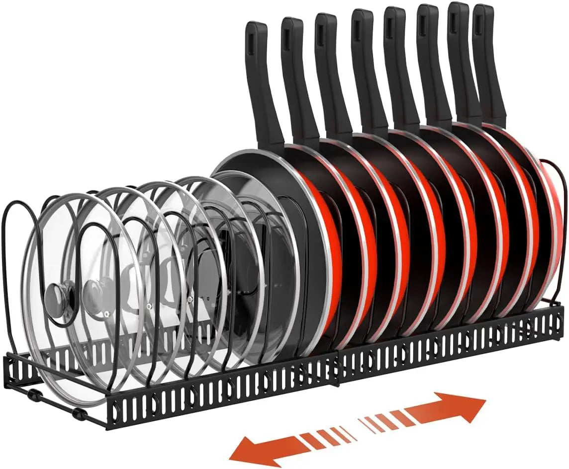 Pot and Pan Organizer Rack for Cabinet Expandable Pot Lid Organizer Holder with 10 Adjustable Dividers