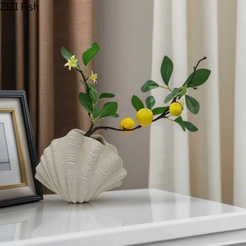 Beige Shell Ornament Ceramic Vase Flower Arrangement Dried Flower Vases Hydroponic Vase Decorative Vases Flowers Vessels Crafts