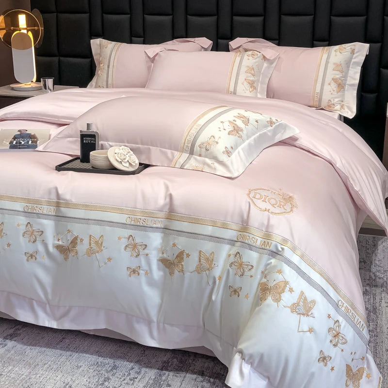 100% Cotton Bedding Set Luxury Golden Butterfly Embroidery Quilt/Duvet Cover Fitted Bed Sheet Sets Pillowcases Home Textile