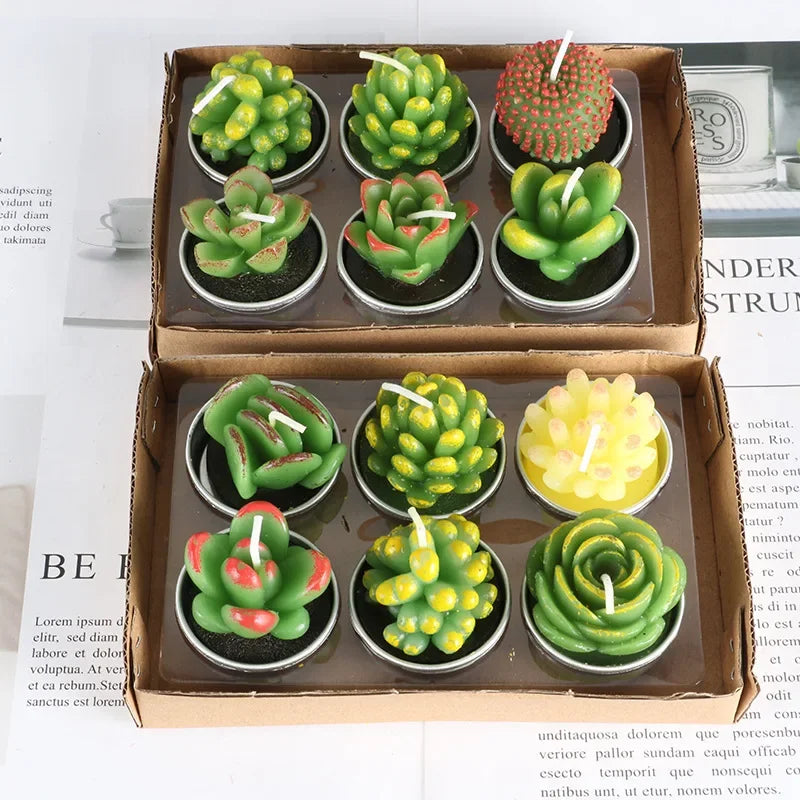 12pcs Mini Cactus Candles Succulent Greenery Candles Flameless Tea Light Candles Suitable for Party Wedding Home Decoration