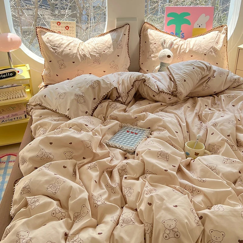 Korean Floral Style Bedding Set Washed Cotton Bed Flat/Fitted Sheets Set Duvet Cover Bed Linen Pillowcase Full Double Queen King