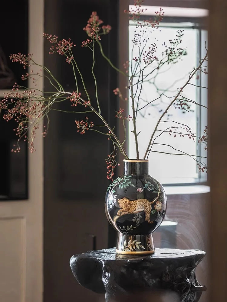 "Lucky Leopard" vase decoration retro high-end flower arrangement ceramic medieval ornaments new Chinese style