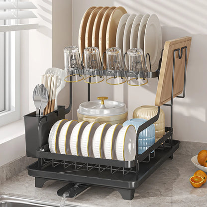 Dish Drying Rack, 2 Tier Over The Sink Dishrack Strainer,Large Capacity W/Drainboard and Utensil Holder,Auto-draining,Non-Slip